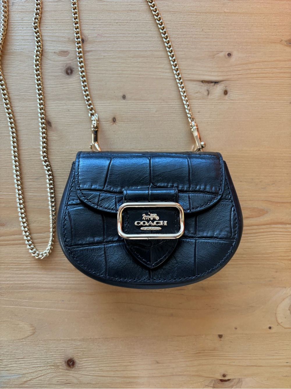 Coach Black Crocodile Embossed Mini Crossbody Bag with Gold Chain Strap